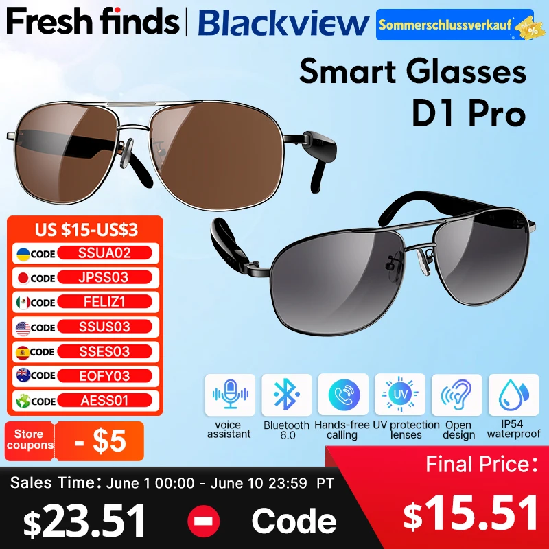 【World premiere】Blackview Smart glasses D1 Pro IP54 Open sound field voice assistant Outdoor UV protection Sunglasses
