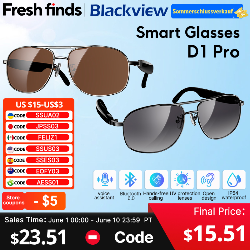  【World premiere】Blackview Smart glasses D1 Pro IP54 Open sound field voice assistant Outdoor UV protection Sunglasses 