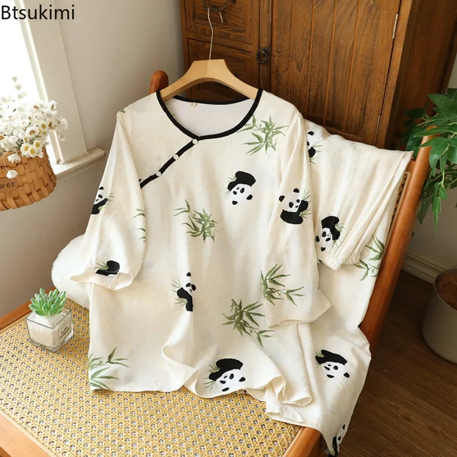 2025 Summer Women's Pajamas 2 Pcs Set Chinese Ancient Style Women Sleepwear Home Suit Short Sleeved Shorts Round Neck Pijamas