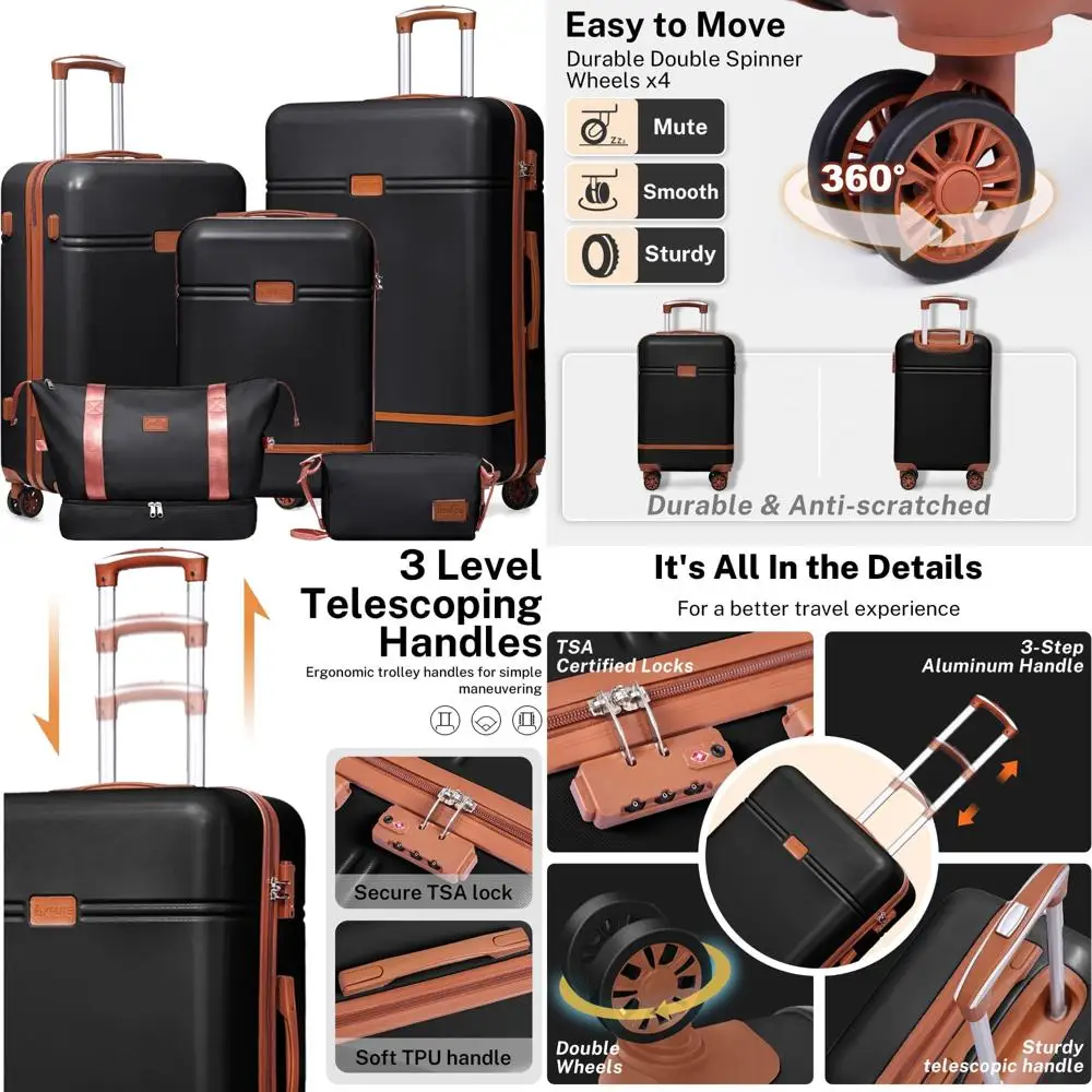 

Наборы багажа krute, набор чемоданов из 5 предметов, ручная кладь с твердым корпусом и вращающимися колесами, одобренными tsa, прочный ПК + ABS, жесткая сторона s