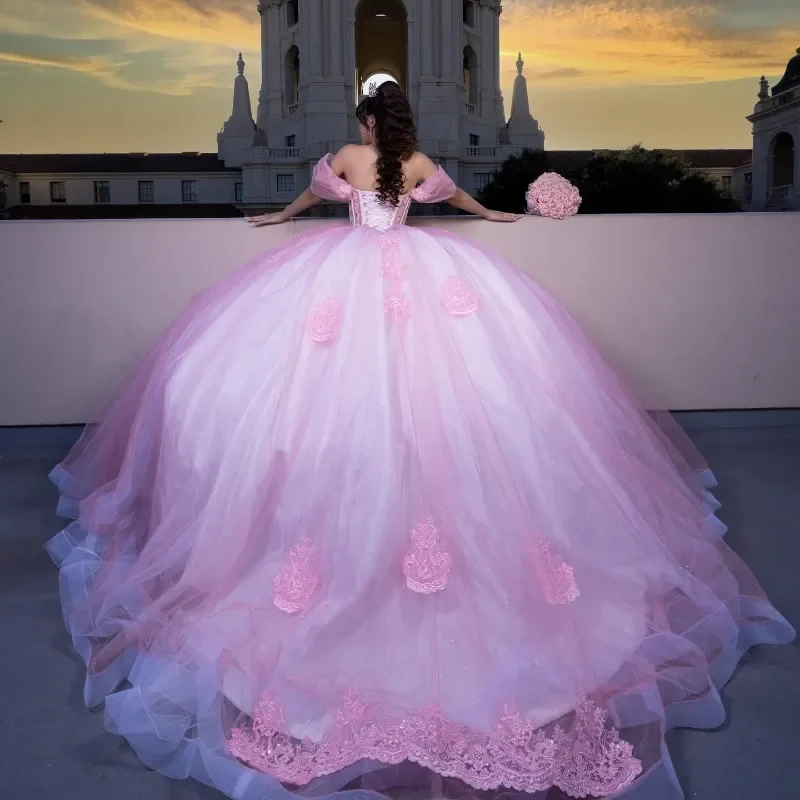 Customized Pink  Quinceanera Dresses Crystal Beading  Cinderella 16 Princess Gowns Vestidos De 15 Anos Plus Size Party Gowns