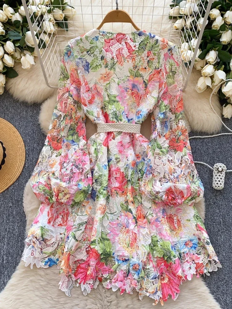 France Elegant Vintage Palace Evening Dress Women Print Hollow Out Lace Short Party Dress Female Casual Chic Festival Clothing