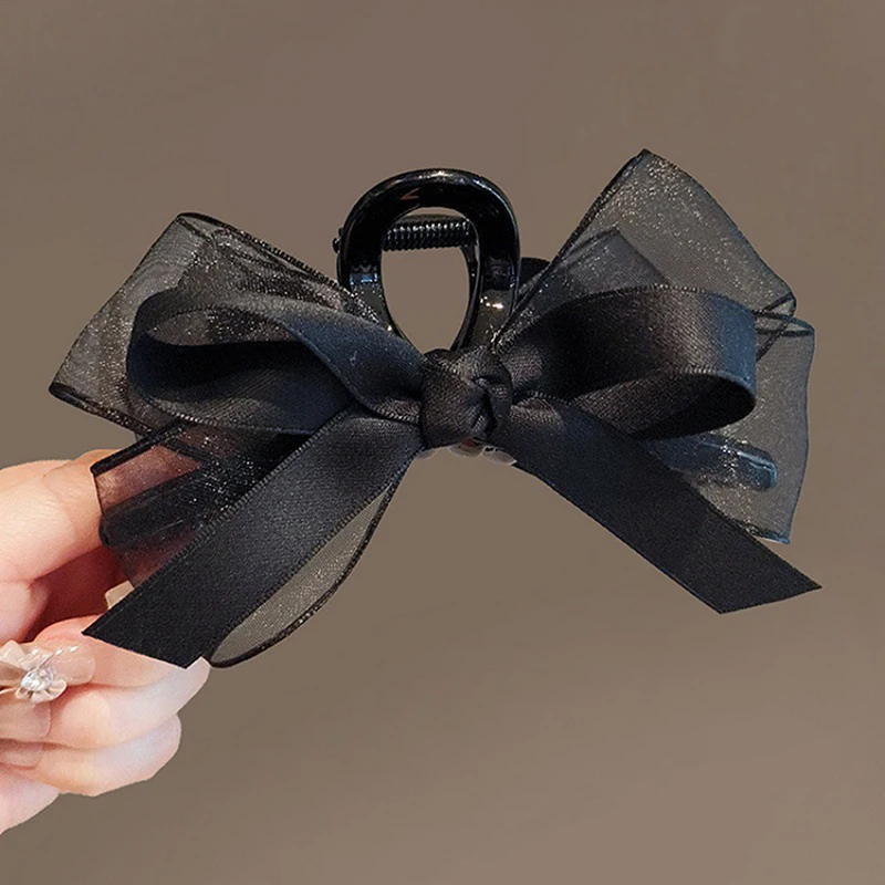 Large Black Mesh Bow Hair Claws - Shark Clip Barrettes for Ponytails