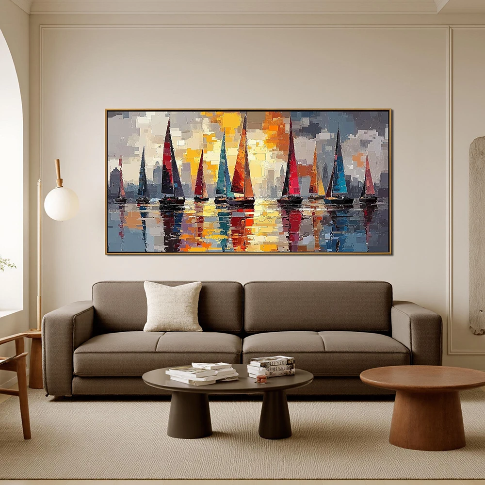 Abstract Sailboat  Painting On Canvas - Colorful Sunset Seascape with Red Blue Orange Sails,  Modern Wall Art for Living Room, N