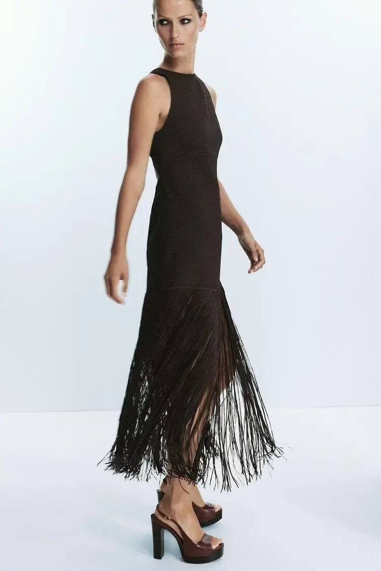 Zevity 2026 Women Sexy Hem Tassel Stitching Knitting Slim Midi Dress Female Chic Backless Hollow Out Club Party Vestidos DS9520 view 2