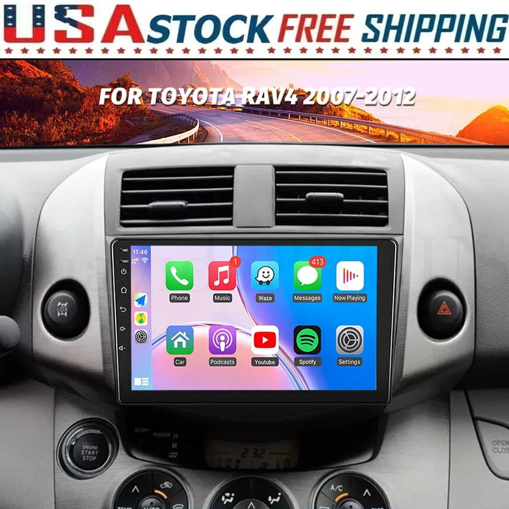 New 9inch Android 13 Double Din Touch Car Stereo Radio Multimedia Video Player 2+32G For Toyota RAV4 2007-2012 Auto Radio Support Wireless Carplay Android Auto Bluetooth WiFi GPS FM SWC Mirror Link Backup Camera