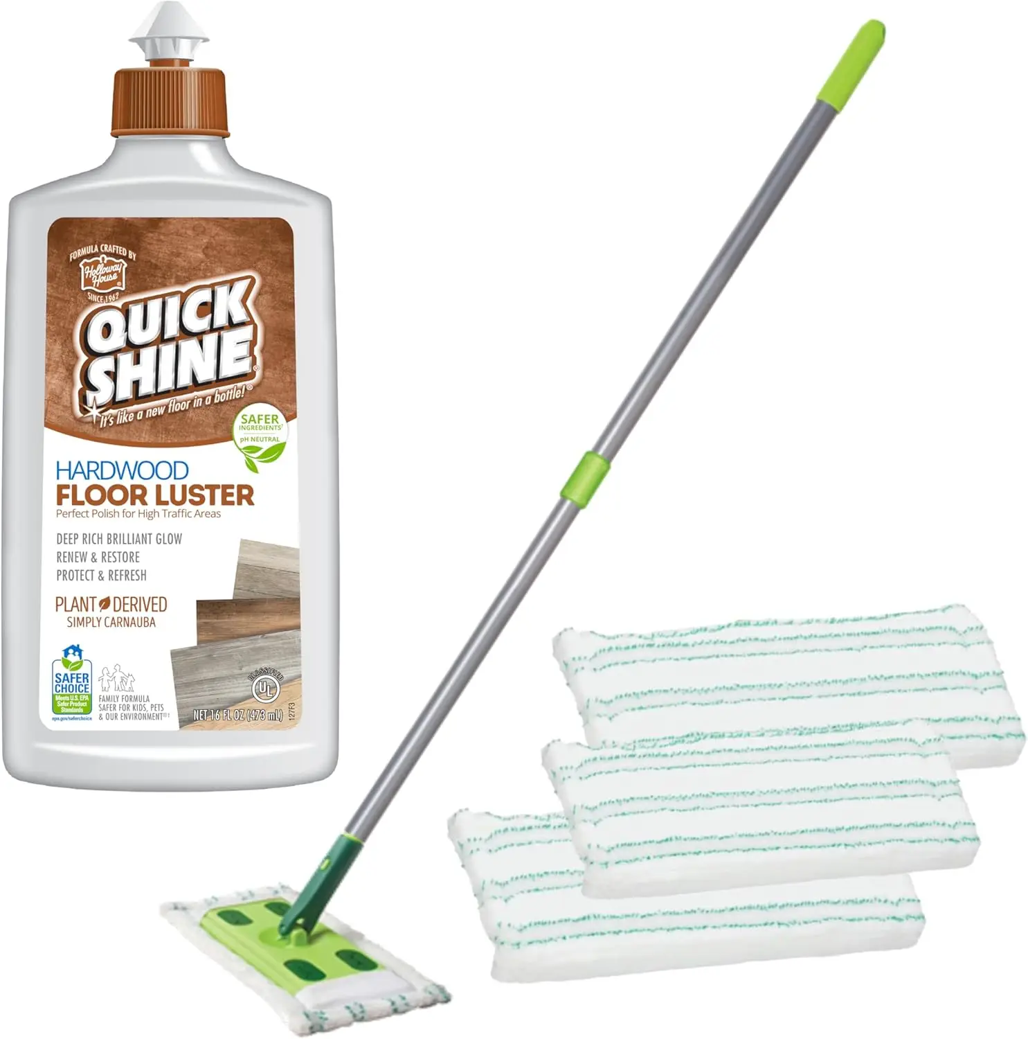 

Hardwood Floor Clean + Polish Mop Kit w/ 3 Reusable Pads & 1-16 oz. Floor Luster w/Plant-Derived