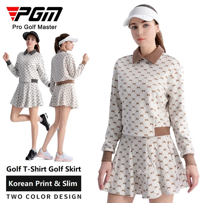 

Pgm Golf Long Sleeved T-shirt Women Autumn Winter Printed Warm Tops High End Sports Skirt Lady A-lined High Waist Casual Skorts