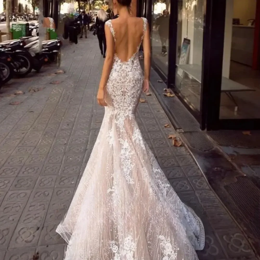 Backless Lace See Through Boho Mermaid Wedding Dresses With Train Custom Sleeveless V-neck Bride Marriage Dress Beach Robe