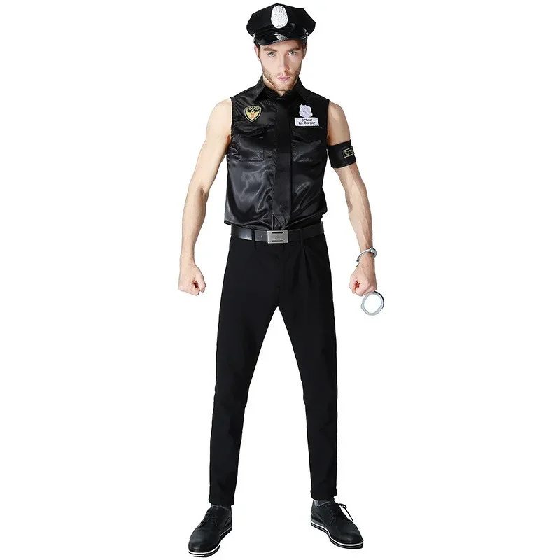 Vocole-Traje preto policial sexy, t-shirt sem mangas para homens, policial loja uniforme