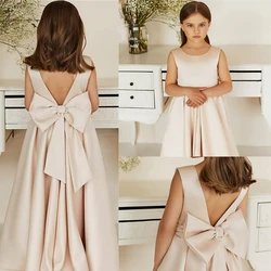 Satin Lovely Sleeveless Fluffy Bow Belt Flower Girl Dress Princess Ball First Communion Dresses Surprise Birthday Present