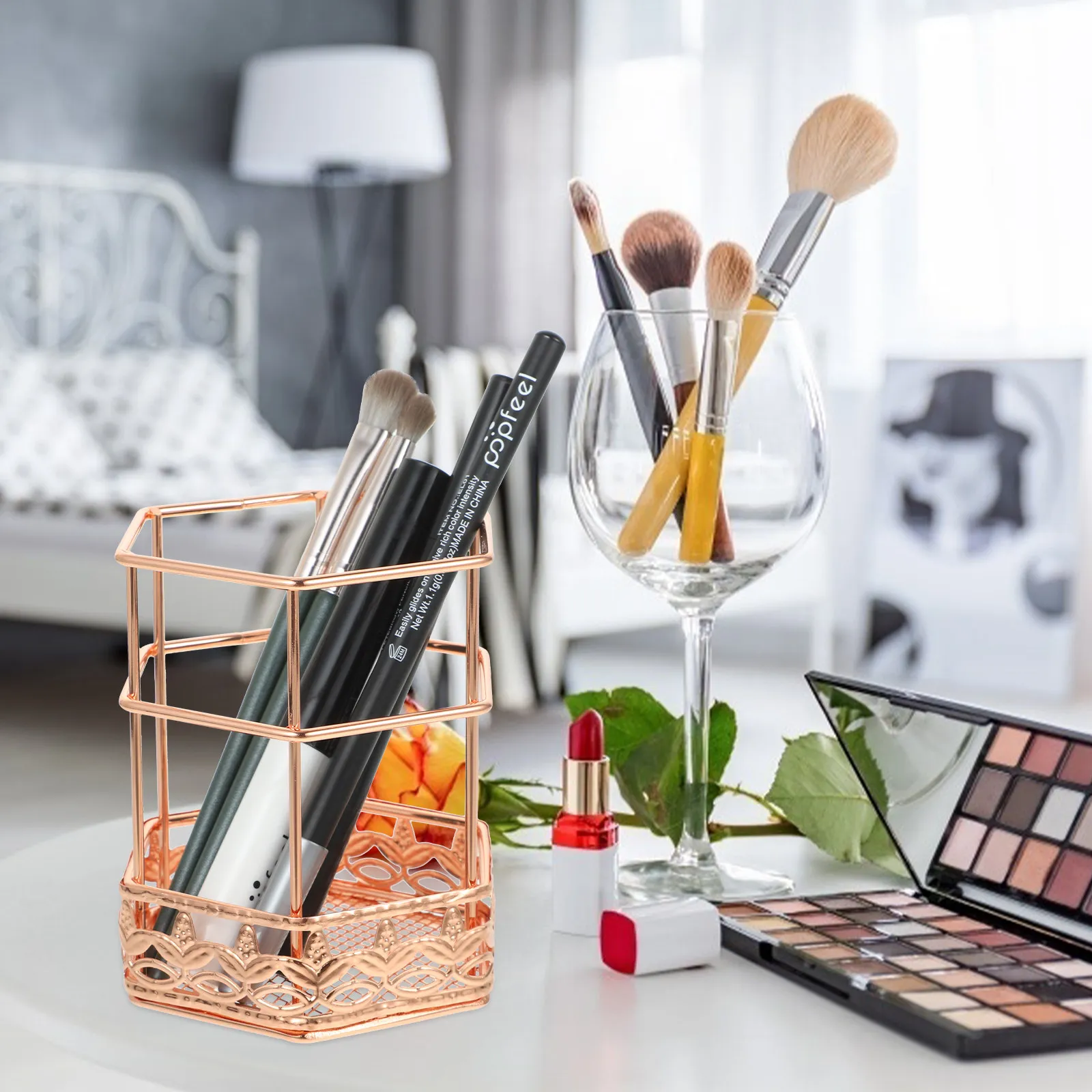 

Подставка для ручек из железа цвета розового золота, настольный органайзер, прочная гладкая поверхность, легко чистится, многофункциональный стаканчик для карандашей для офиса, дома, школы