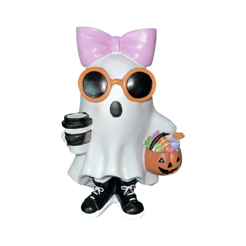 White Ghoul Girl Statue with Pink loop Pumpkin and Hot Drink Resin Halloween Decoration, Spooky Tabletop Decor for J0MC