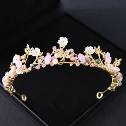 Gold Color Crystal Flower Crown Tiara Headband For Women Rhinestone Prom Diadem Bridal Wedding Hair Accessories Jewelry Crown