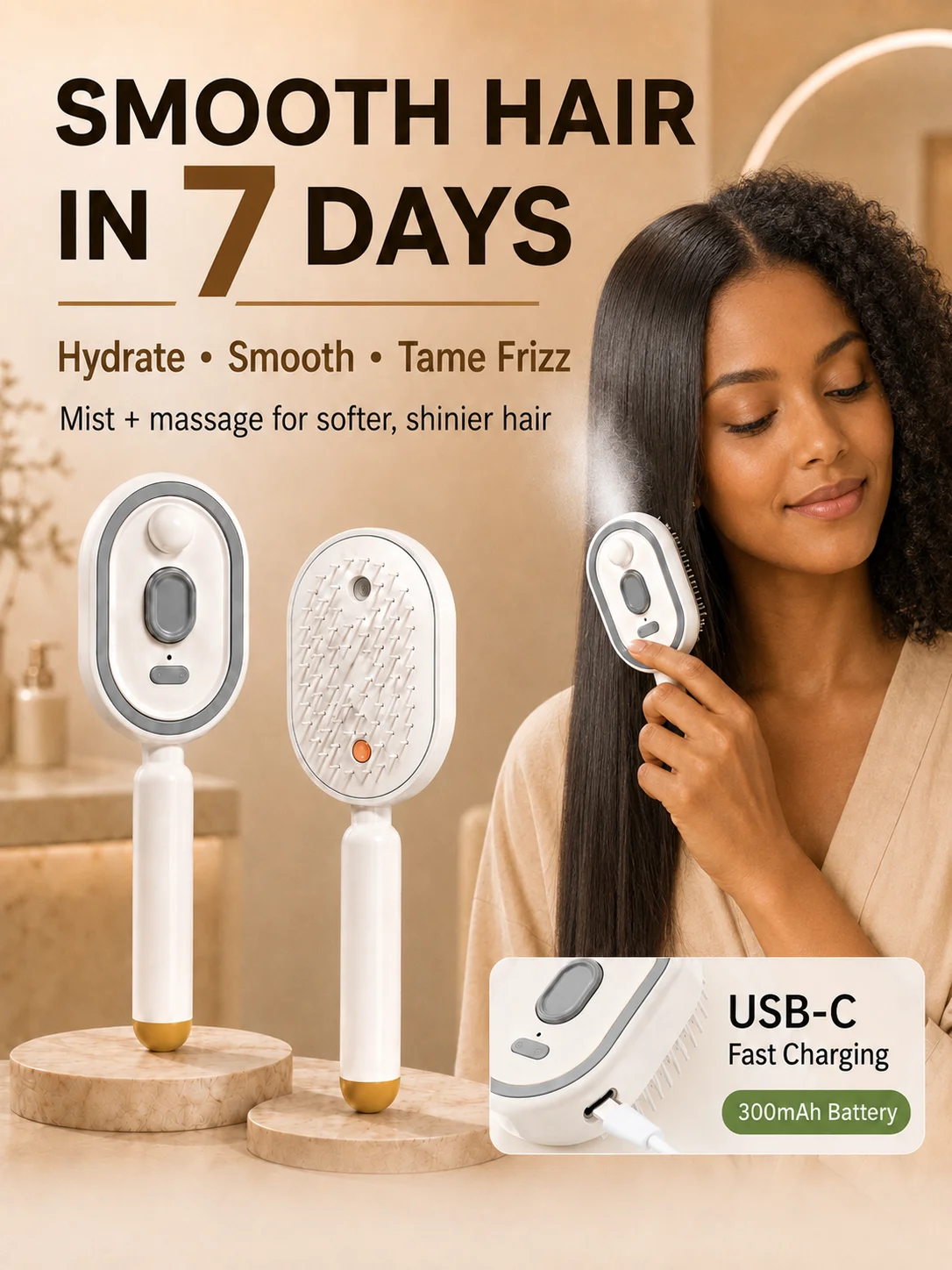 3 in 1 Electric Spray Air Cushion Massage Comb Rechargeable Self-Cleaning Steam Essential Oil Hair Brush Scalp Massager