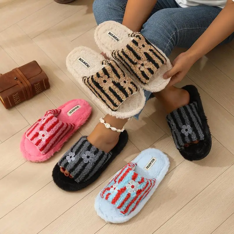 Herbstliche koreanische gestreifte Plüsch-Baumwoll-Hausschuhe für Damen – Patchwork-Fleece-Schuhe mit weicher Sohle, offene Zehenpartie, warme Fell-Hausschuhe, Größe 45 – Detail 2