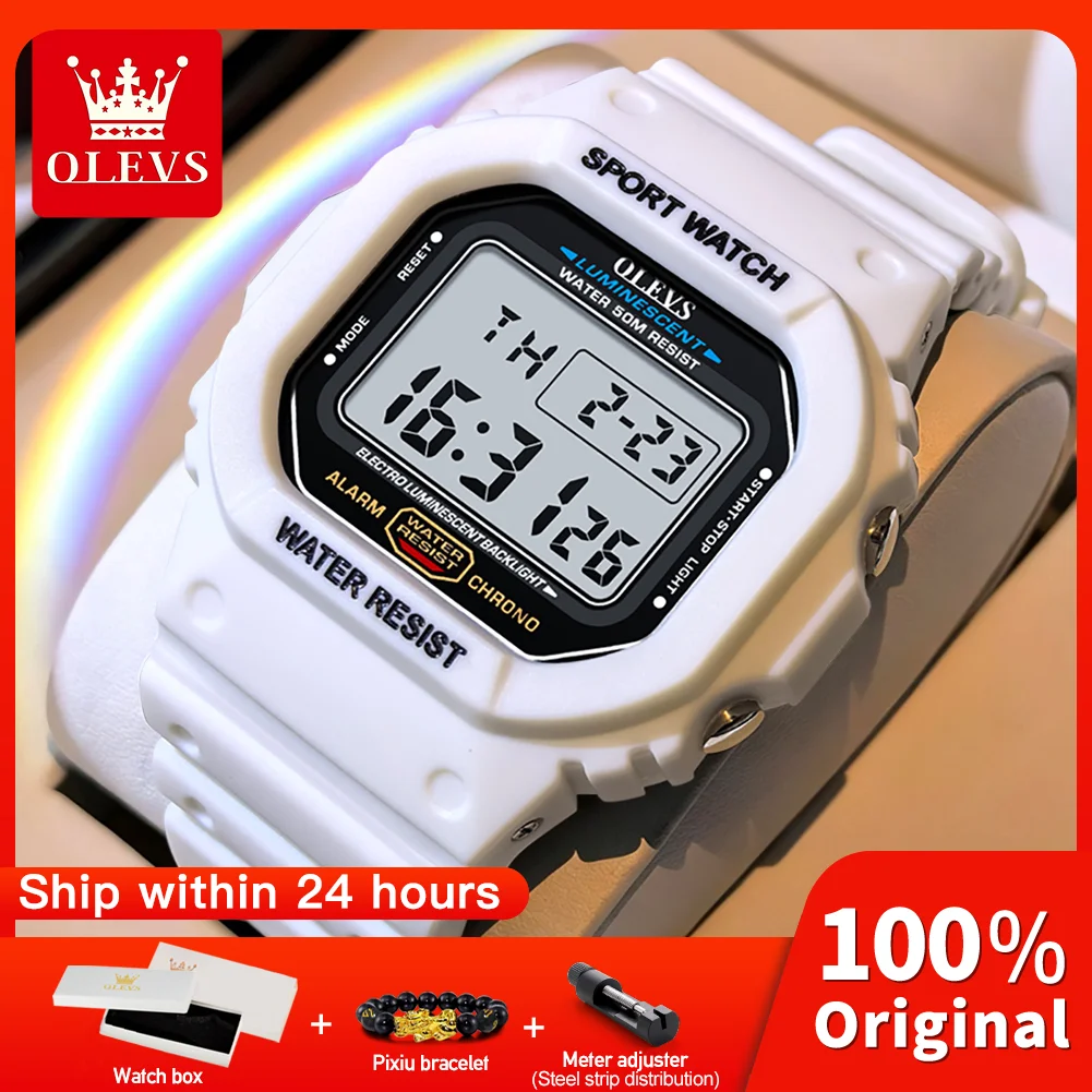 OLEVS 1127 Klassische Herrenuhr mit Elektronischem Uhrwerk, Harzarmband, LED-Leuchtzifferblatt, Street-Style, Kalenderfenster, 30m Wasserdicht, Wochentagsanzeige