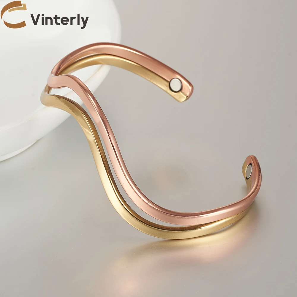 Pure Copper Bracelet Magnetic Irregular Lines Rose Adjustable Cuff Bangles 7mm Health Energy High Magnet Jewelry Resizable