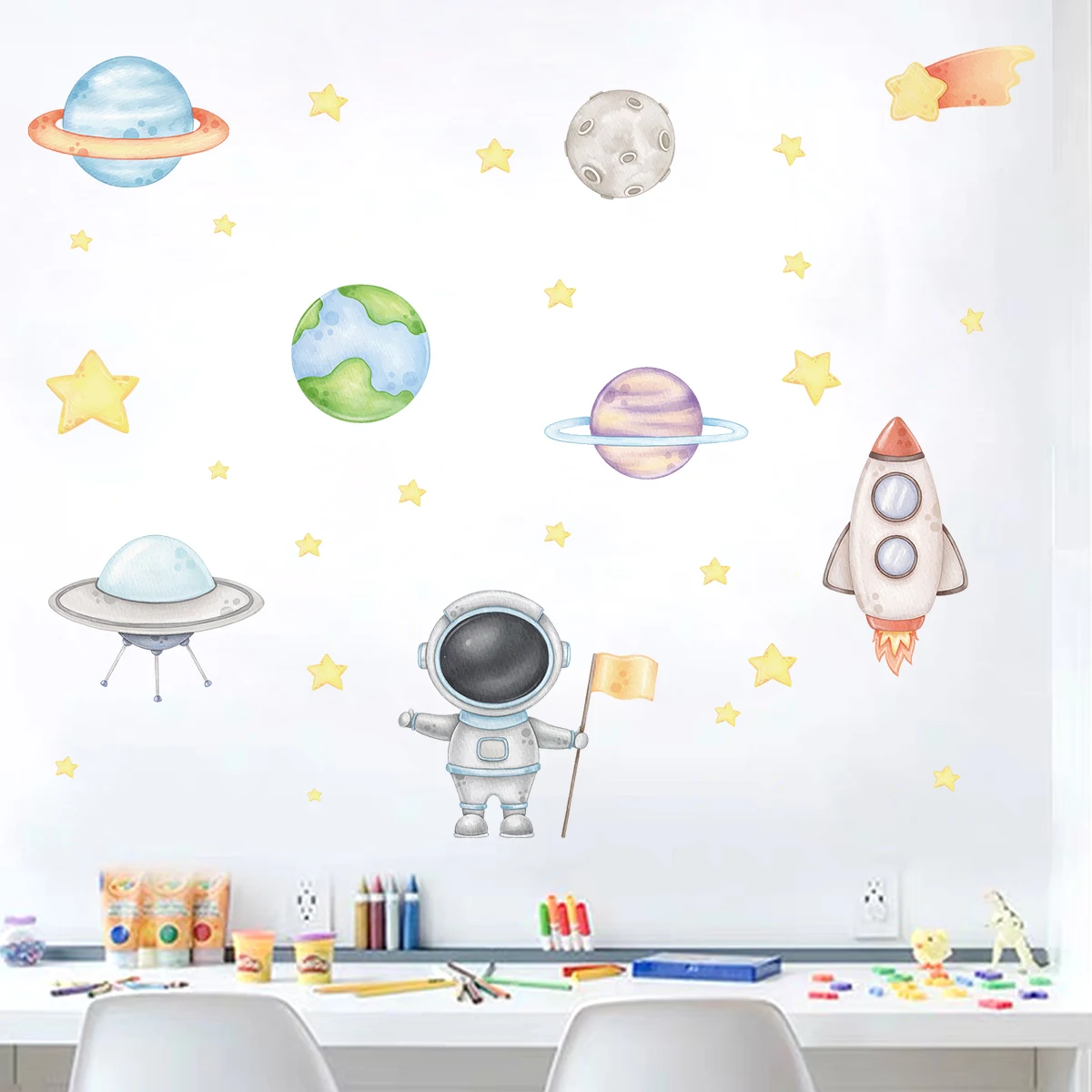 Cartoon Planet Rocket Astronaut Wall Stickers for Children Room Kids Room Decoration Baby Bedroom Decor for House Wall Decals