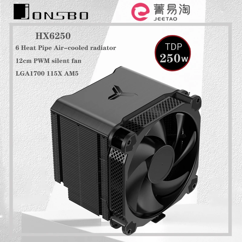 Jonsbo-Radiador de CPU hx6250, torre de 6 tubos de calor, ventilador de refrigeración silencioso, compatible con multiplataforma Intel LGA115X/1200/2011/2066 AMD AM4