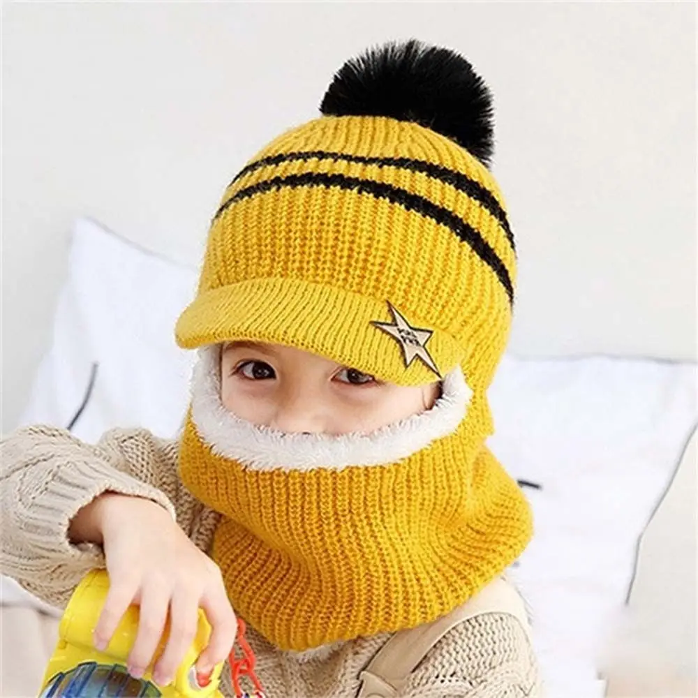 Toddler Warm Headwear Fleece Lining With Scarf Neck Warmer Knitting Hat Children Winter Hats Baby Bonnet  Caps