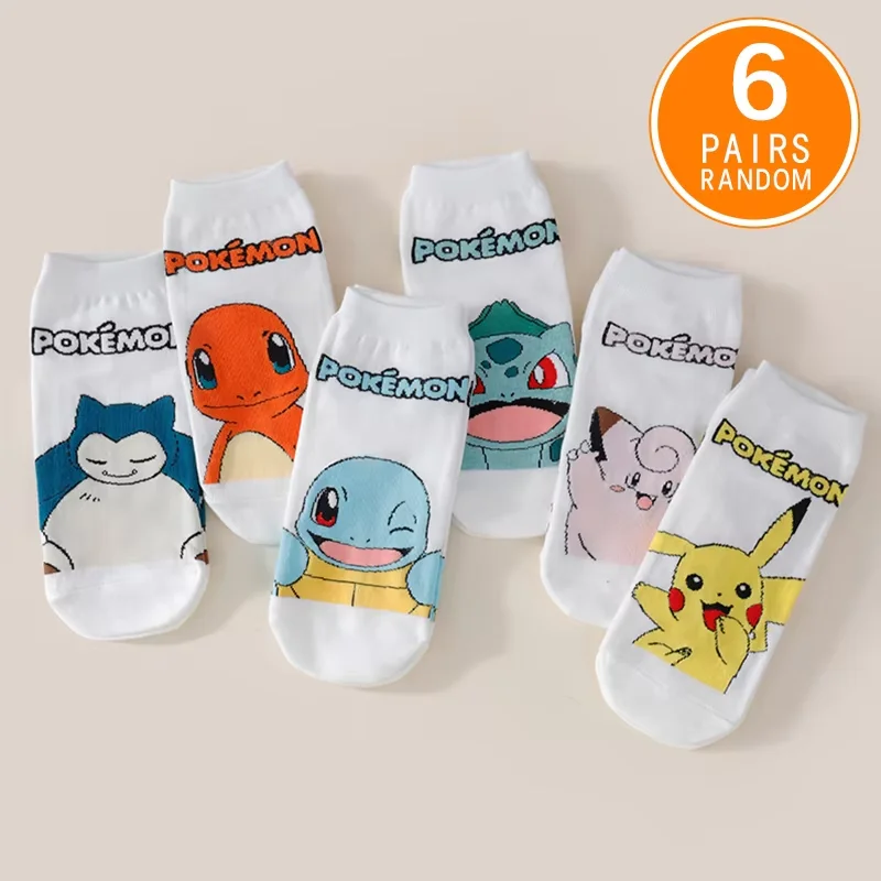 6 Paar modische neue Pocket Monsters Anime-Knöchelsocken mit niedlichen Cartoon-Charakteren bedruckt, Paar-Socken für Männer und Frauen