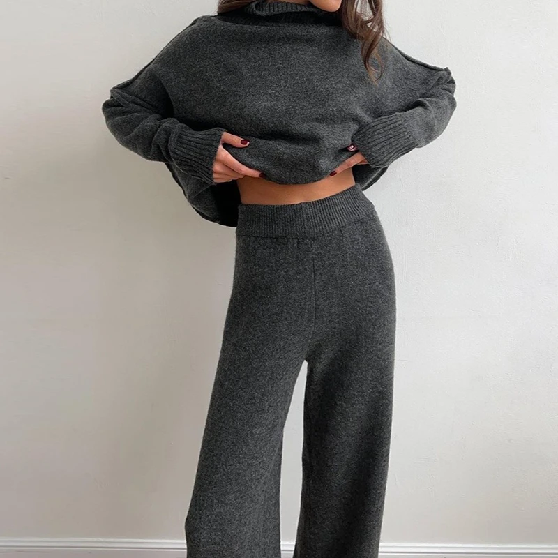 

Two Piece Sets Womens Outifits 2025 Winter Loose Turtleneck Sweater Elegant Wide Leg Pants Knitt Ladies Homewear Matching Suit
