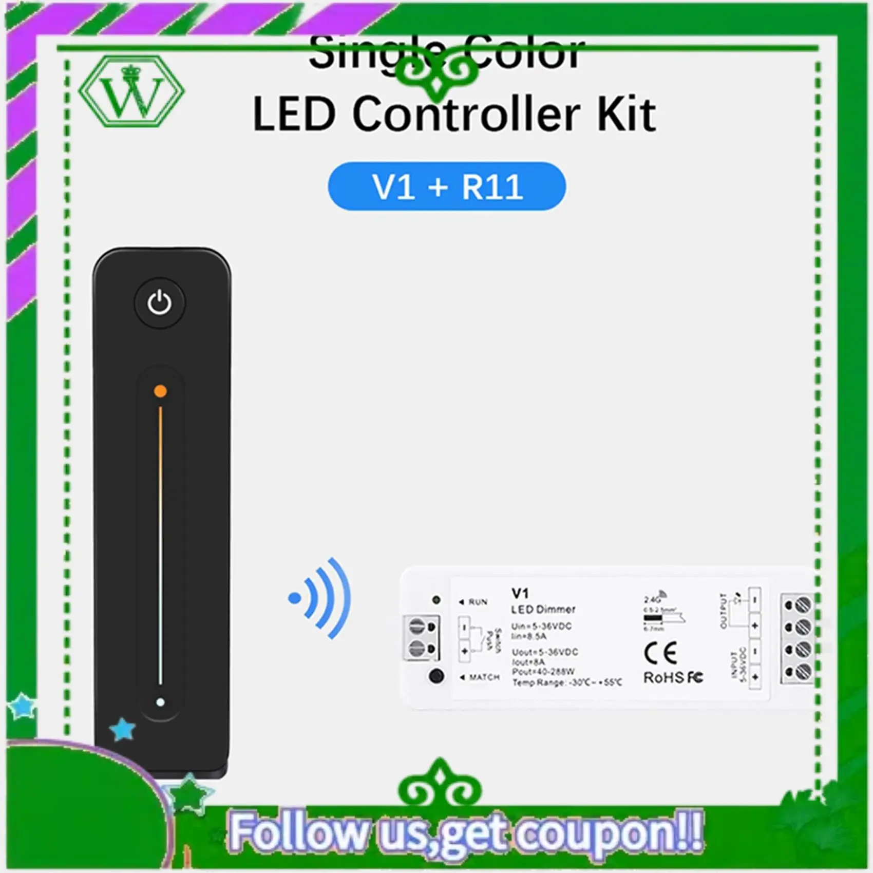 ABIK-LED Dimmer 12V 5V 24V 36V 8A PWM Wireless RF Switch With 2.4G Brightness Adjustment Contact Remote For Led Single Color Str