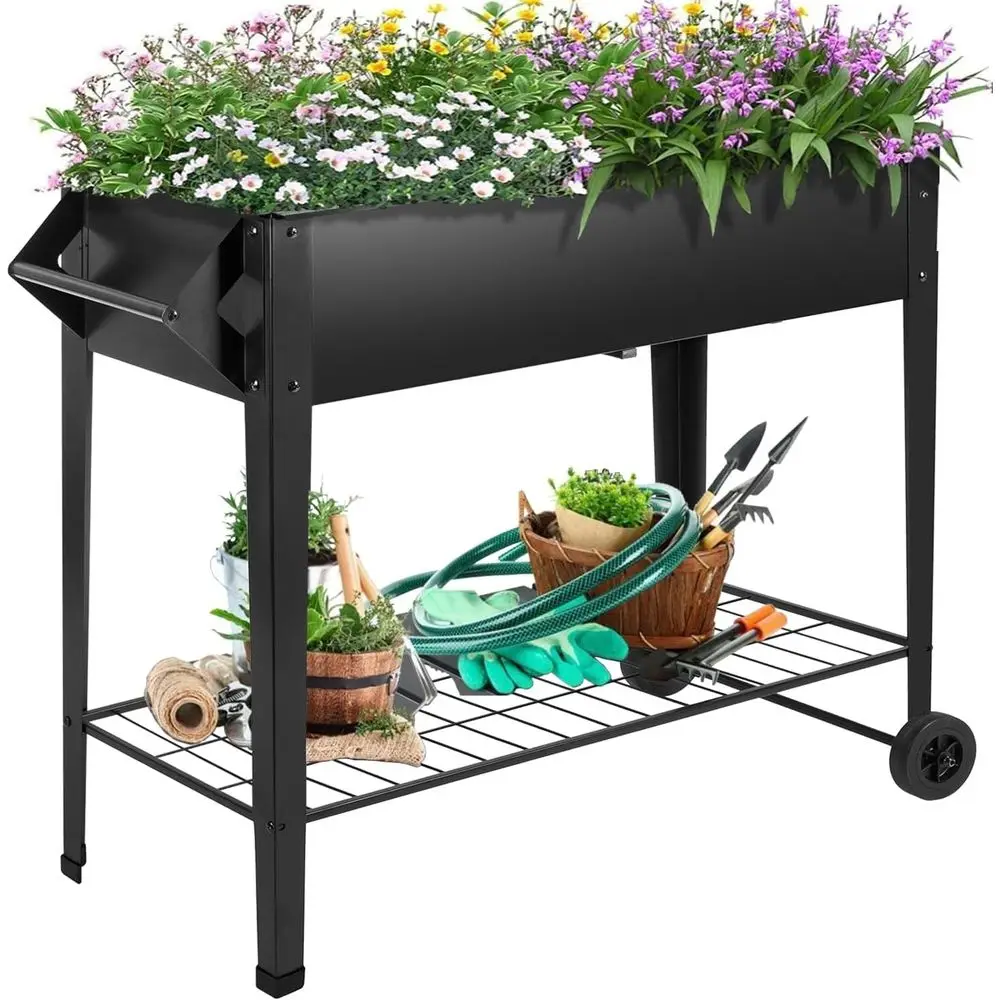 

32" Rolling Raised Garden Bed with Wheels, Heavy Duty Metal Elevated Planter Box, Outdoor lower Cart Plant Stand, Raised Planter