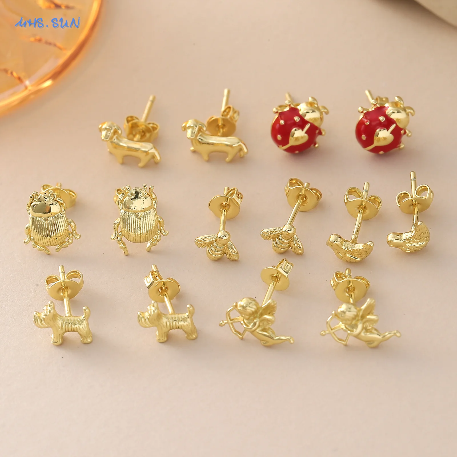MHS.SUN Gold Plated Animal Beetle Ladybug Bees Birds Stud Earrings For Women Girl Cupid Angel Earring Fashion Party Jewelry