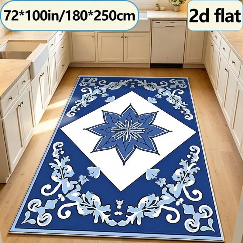 Blue and White Portuguese Tile Floral Star Carpet Floor Retro Diamond Frame Ethnic Art Pattern Non-Slip Household Carpet