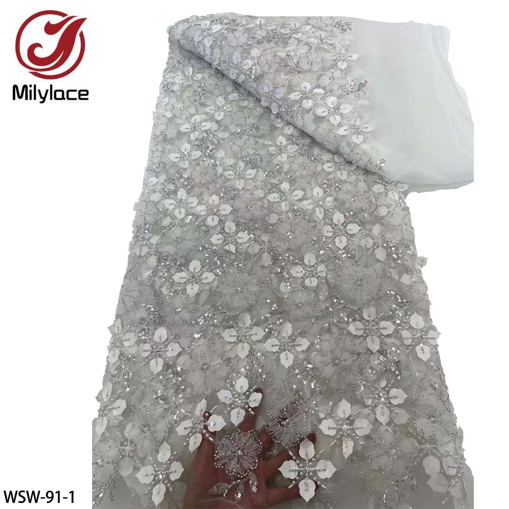 

Gorgeous 3D Flower Sequins Beaded Embroidery Tulle Lace Fabric for Wedding Evening Gown WSW-91