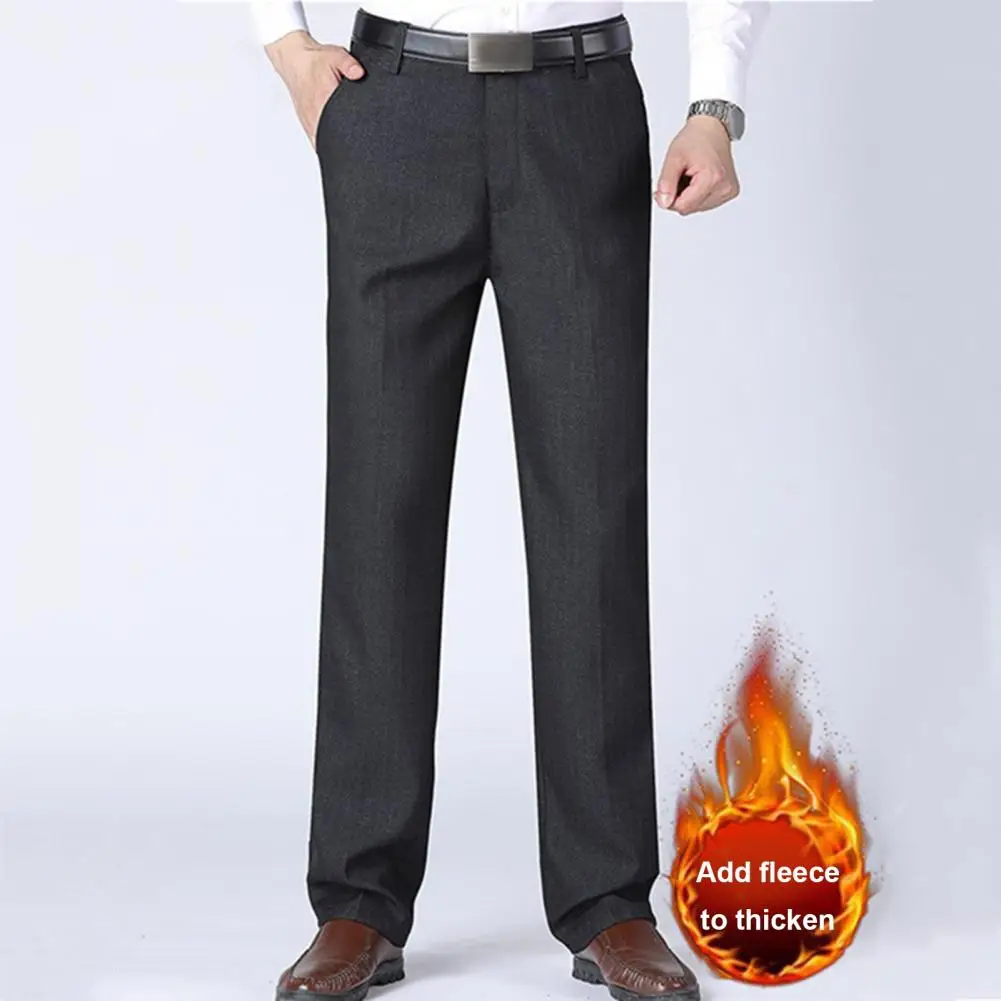 Men Straight-leg Pants Thick Plush Men's Suit Pants with Soft Pockets Mid Waist Zipper Closure Formal Business Style for Office