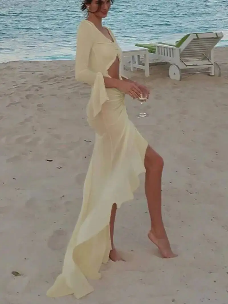 Sexy Sheer Women Dress Elegant Hollow V-Neck Splits Long Sleeves Ruffles Lace Ruched Bodycon Beach Vacation Clubwear 8RHS