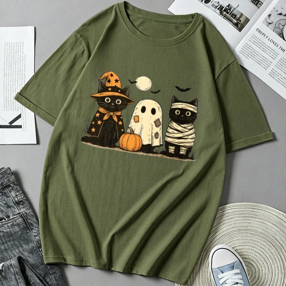 Halloween Black Cat Witch Mummy Ghost Pumpkin Bat Moon Graphic Print Cotton T‑Shirt Casual Loose Streetwear Top Spooky Cute Tees