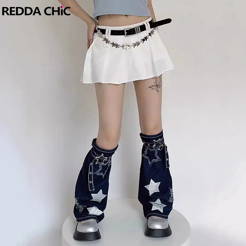 

REDDACHiC Sparkly Star Women Denim Leg Warmers 90s Retro Blue Jeans Boots Cover Cowgirl Belted Knee Long Socks Y2k Streetwear