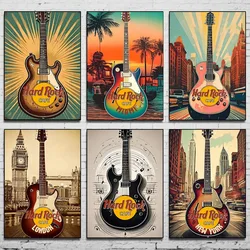 Vintage Hard Rock Cafe Guitar Poster Minimalist Retro Musical Instrument Cityscape Music Wall Art Canvas Painting Home Decor