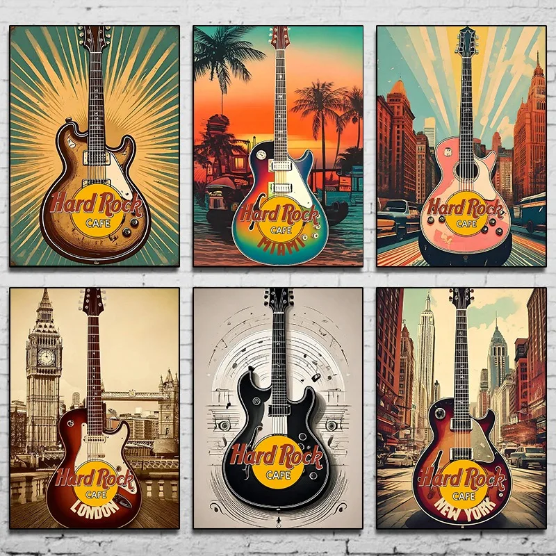 Vintage Hard Rock Cafe Guitar Poster Minimalist Retro Musical Instrument Cityscape Music Wall Art Canvas Painting Home Decor