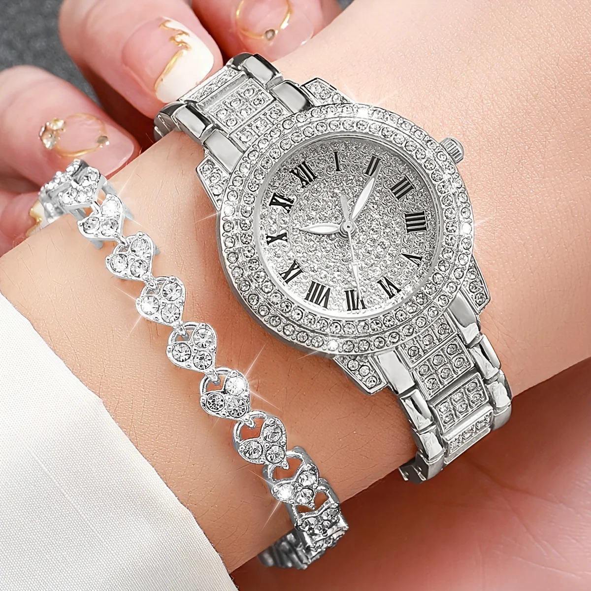 2PCS/Set Women\'s Watch Luxury Rhinestone Stainless Steel Quartz Watch Heart Bracelet Set(Without Box)