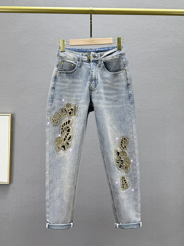 

Женские джинсовые капри с высокой талией, вышивкой и вырезами, облегающие, весна 2025, новые, модель Harlan, из эластичного хлопкового денима