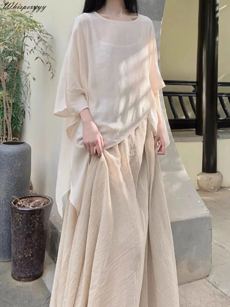 

New Chinese Short Sleeve Top Summer Zen Apricot Irregular Cotton Linen Skirt 3 Sets 2024 Women Vintage Set