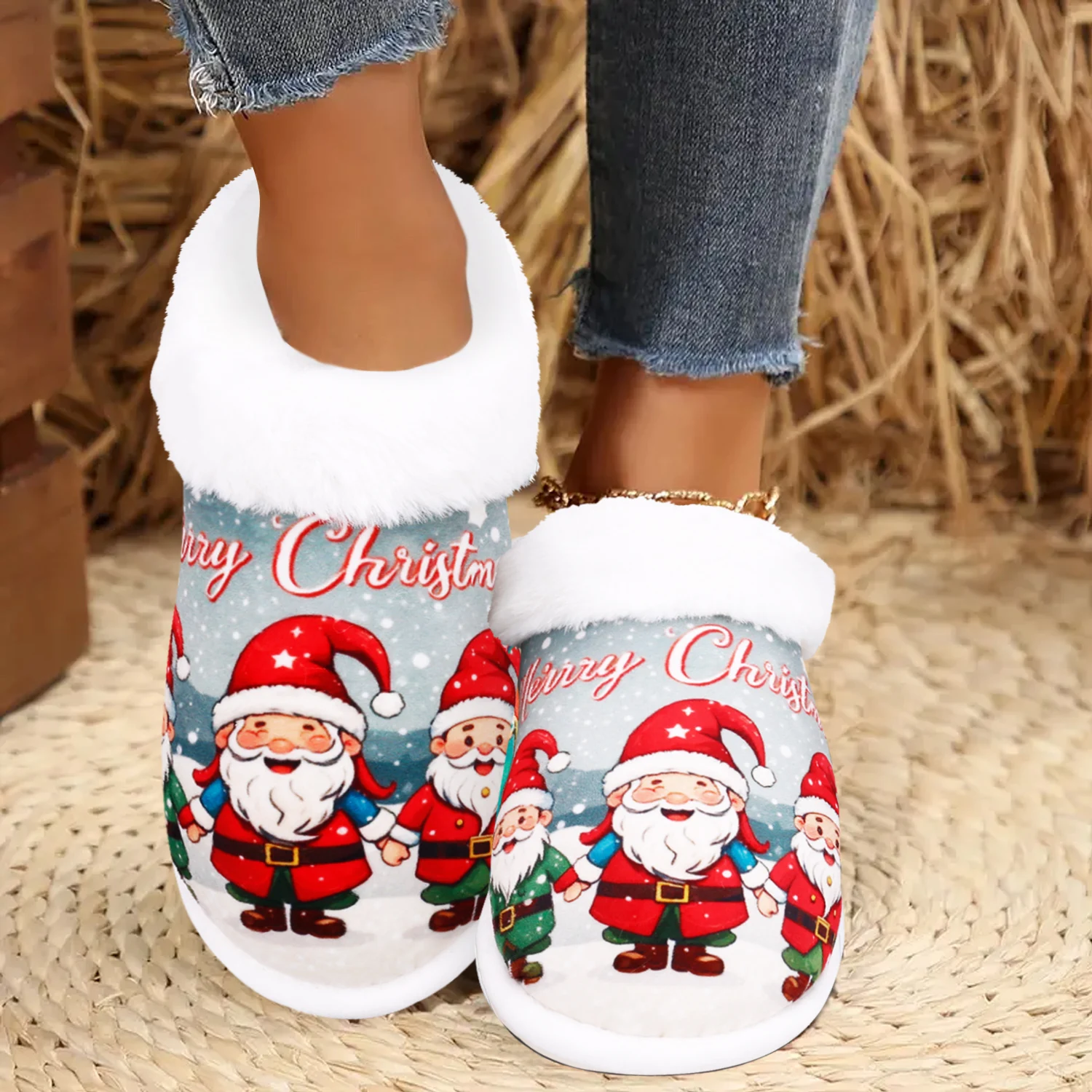 Christmas Present, Cute Santa Claus Indoor/Outdoor Slippers, Soft Memory Foam House slippers, Comfy Fuzzy House Shoes