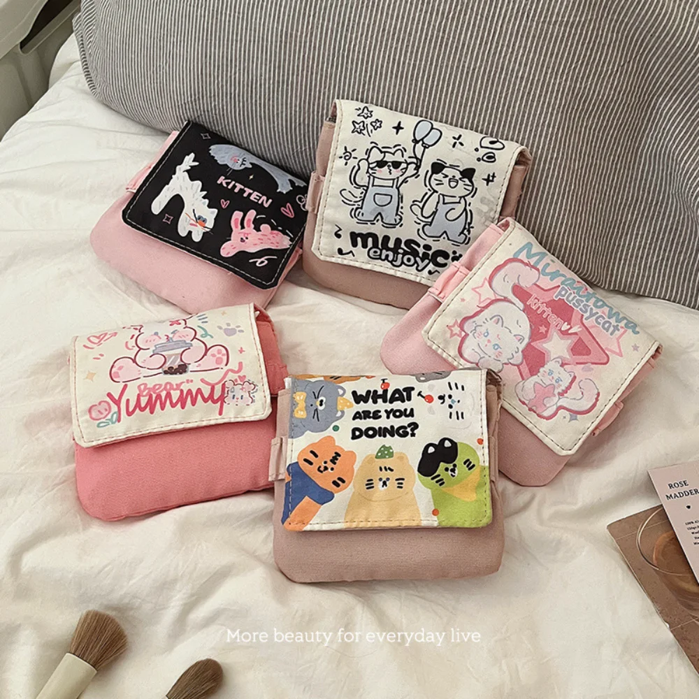 Cosmetic bag Canvas Women Bags Kawaii Cute Cartoon Flap Sanitary Towel Storage Bag Mini Purse Pink Teen Girls Small Phone Pouch