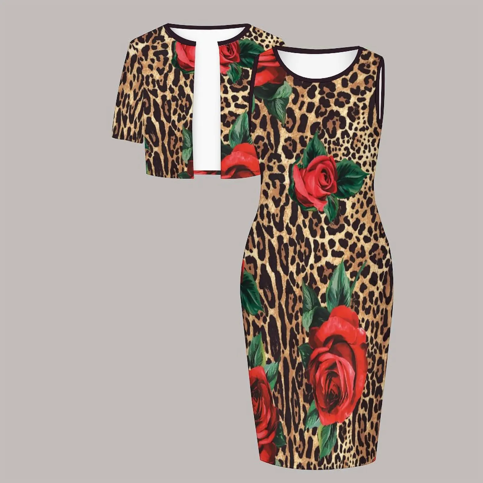Plus Size Women's Suit Fashion Top Printed Vest Dress Elegant Wedding Guest Attire Round-neck Two-piece Set Short-sleeved Coat