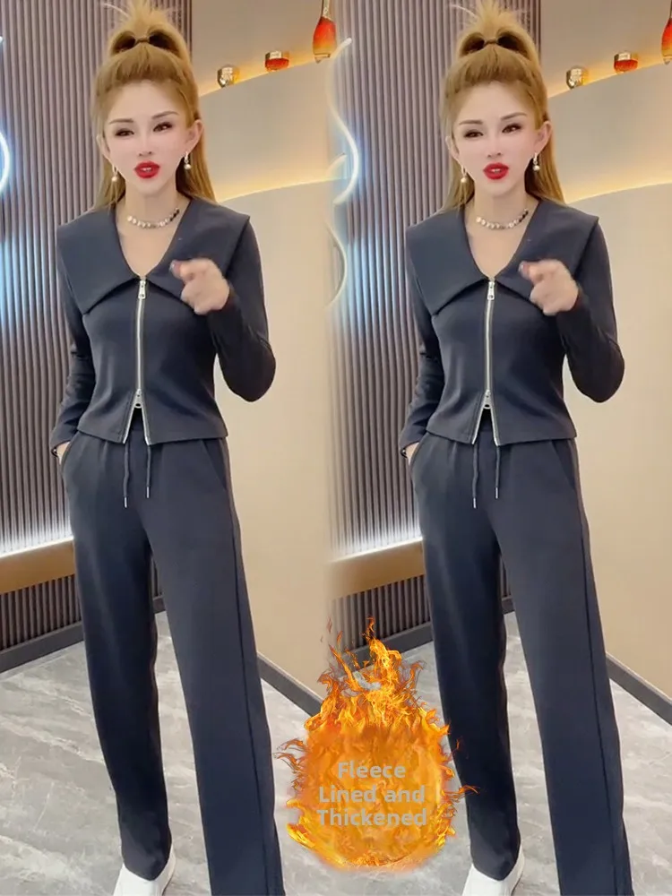 

Модный повседневный осенне-зимний женский комплект для похудения: брюки прямого кроя с воротником и зауженной талией, костюм-двойка с длинными рукавами на молнии