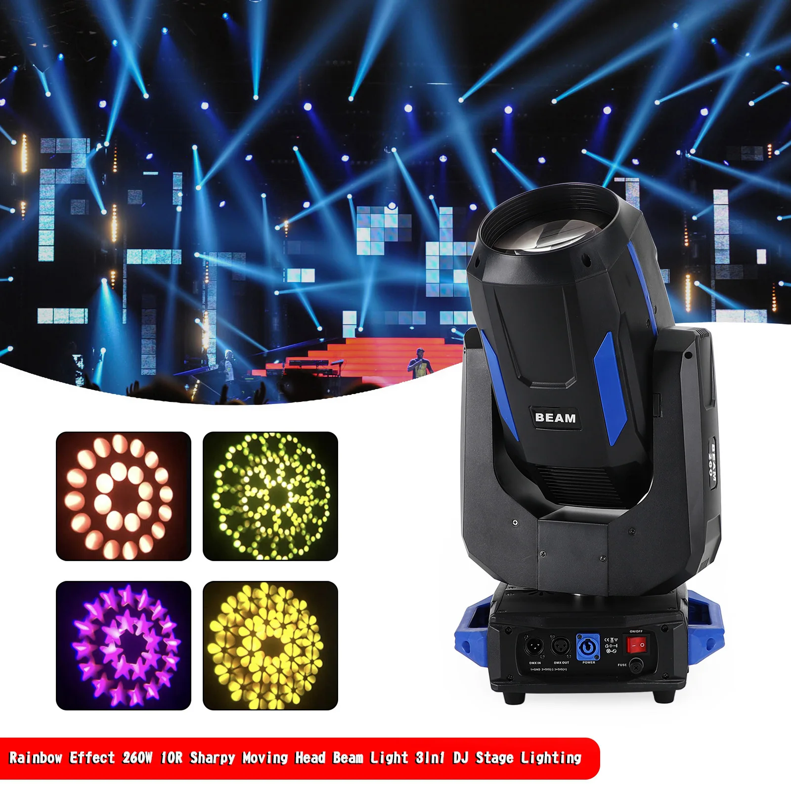 Areyourshop US stock Rainbow Effect 260W 10R Sharpy Moving Head Beam Light 3In1 DJ Stage Lighting