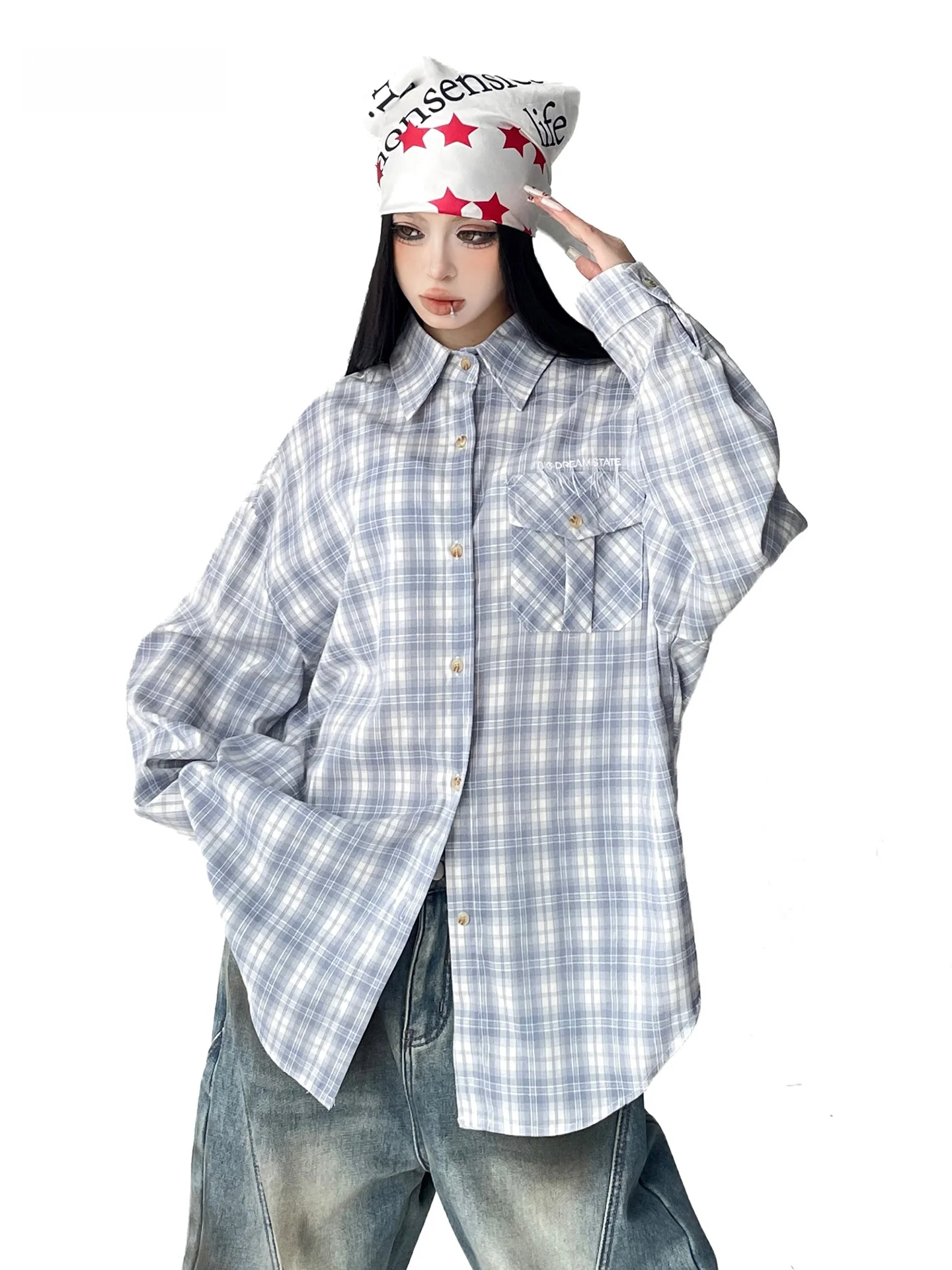 

Blue Plaid Loose Long Sleeve Women's Shirt 2026 New Style Lazy Style Open Cardigan Outerwear Trendy Cotton Polyester Blend