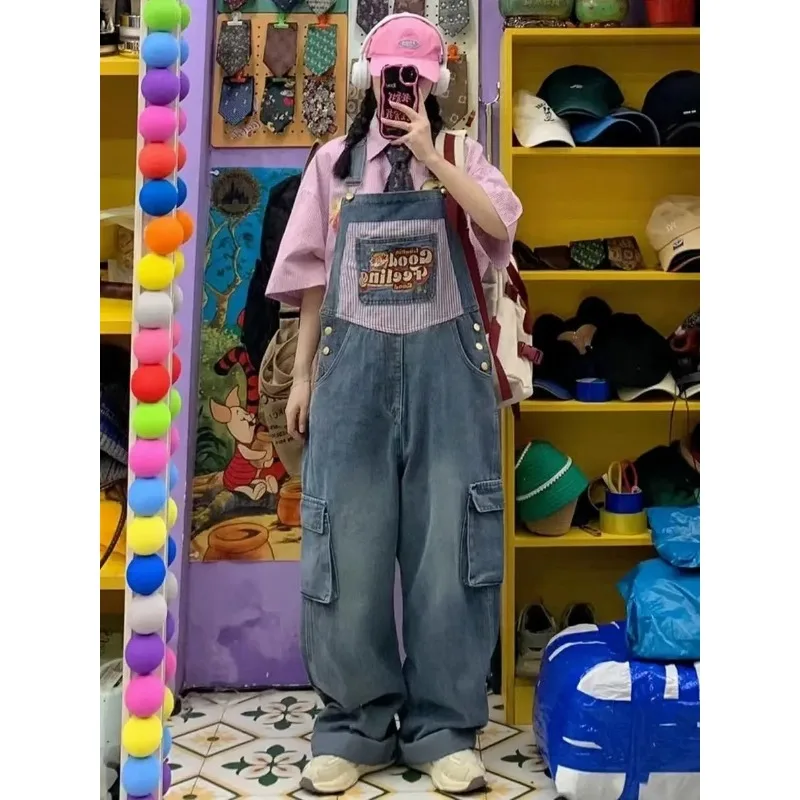 

American Retro Fun Letter Embroidery Design Denim Strap Pants for Women Summer Loose and Oversize Wide Leg Jumpsuit Trousers