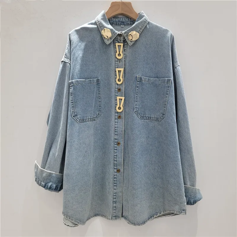 

Женская джинсовая рубашка SuperAen 2026: новая модель весна-осень, с длинным рукавом, эффектом потертости, металлическими пуговицами, свободного кроя, повседневная