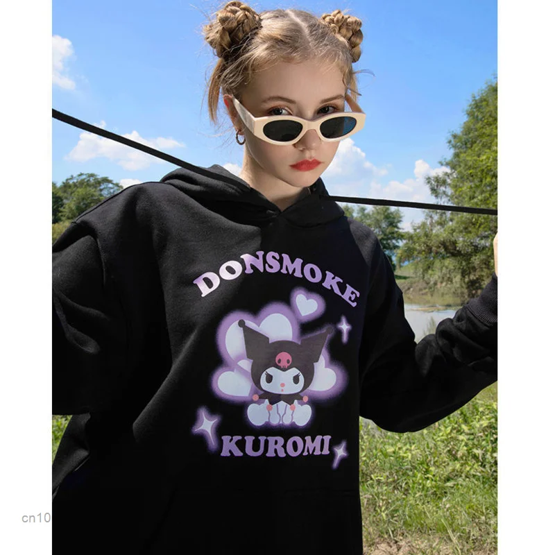 Sanrio Hello Kitty Kuromi Printed Cartoon Hoodie Couple High Street Style Gothic Loose Sweater Hip Pop Fashion Top For Women Y2k